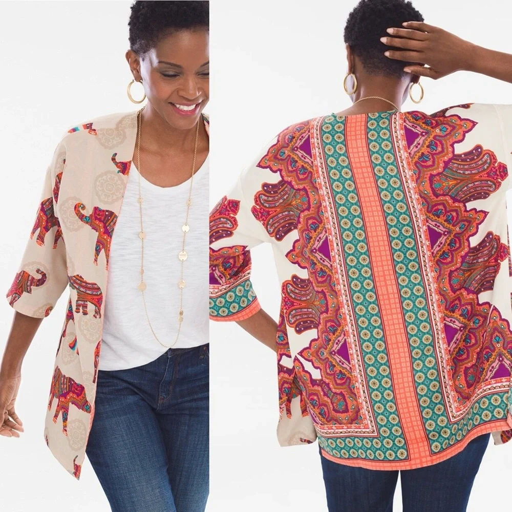 Chico’s Reversible Jacket Open-Front Medallion Elephant Print Kimono Size S/M? - Picture 1 of 16